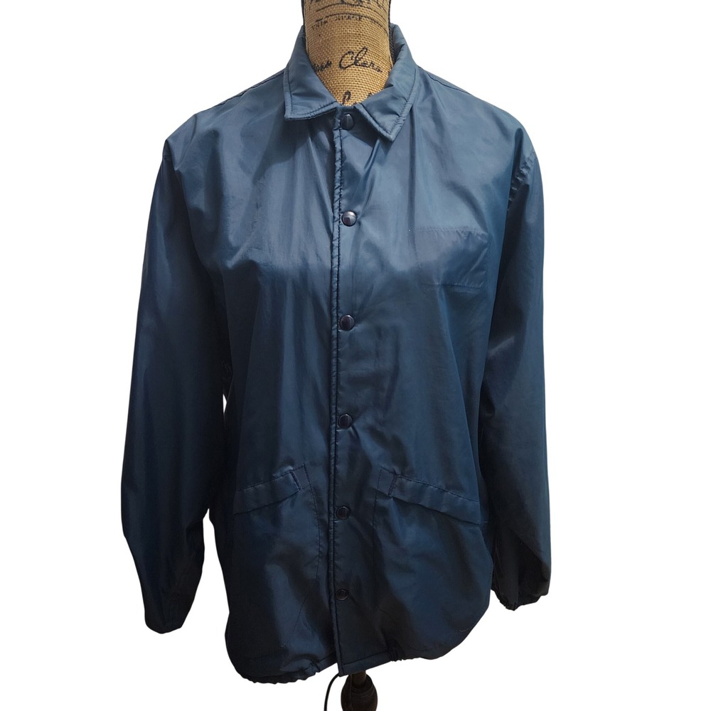 Mens Vintage Blue Jacket Snap Button Lightweight Windbreaker Outerwear